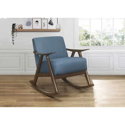 Rocking Chair - Blue Fabric Upholstered Wood With Dark Walnut Finish, Comfortable Seat And Back Cushion | Gift Idea