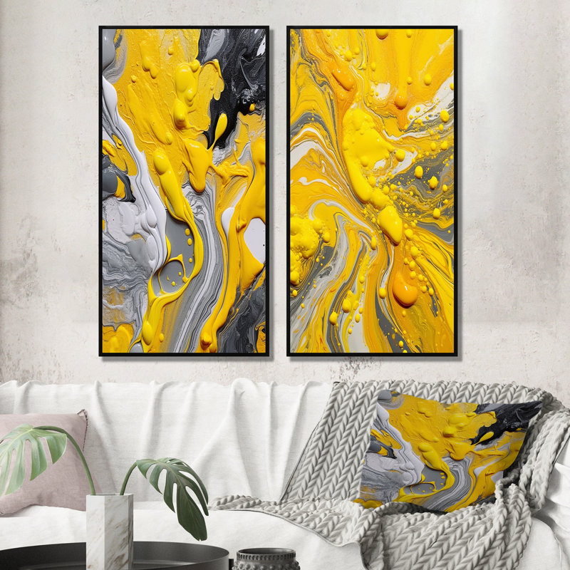 Ensemble d'art sur toile jaune et gris, 2 pièces - vibrations cosmiques jaunes et grises, H 40 po x l 40 po, Cadre noir