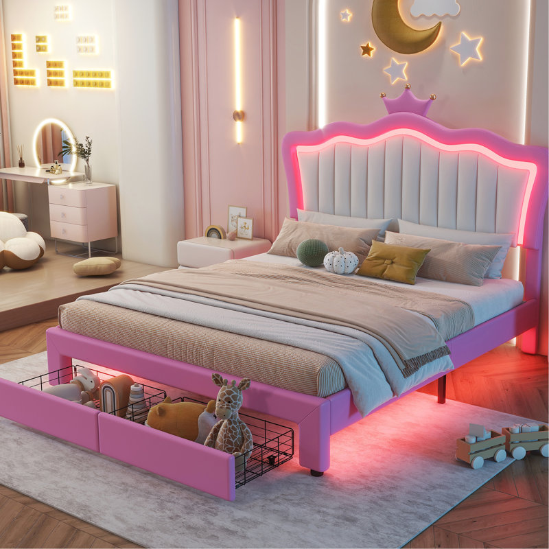 Lit tapissier avec 2 tiroirs et lumières à DEL, rose moderne et blanc, ensemble de rangement pour éclairage pleine grandeur, rose et blanc
