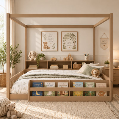Lit de sol Montessori Arborin en bois massif avec bibliothèque, étagères de rangement et cadre de baldaquin
