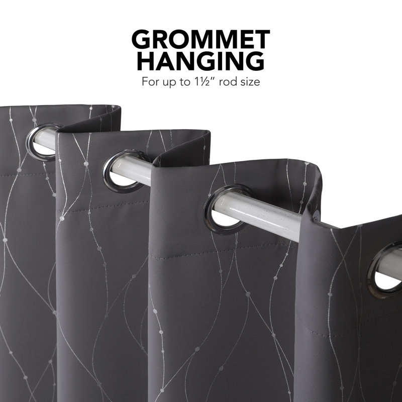 Gray Polyester Blackout Grommet Curtains with Silver Pattern