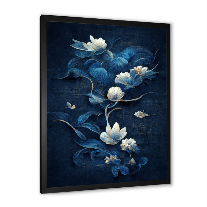 Fleurs chinoises bleues et blanches IV - Art mural floral, Toile encadrée noire, H 20 po x l 12 po x P 1 po
