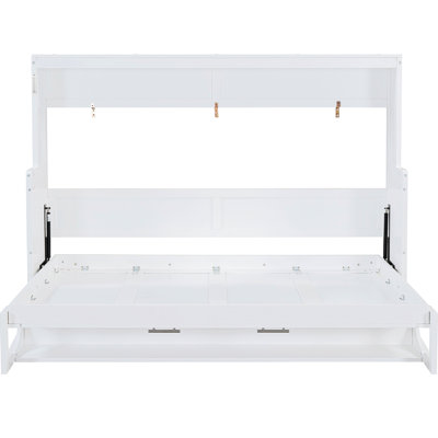Full Size Bed In White, Innovative Folding And Desk, Hydraulic Lift, Space - Saving For Small Living Rooms, 600 Lbs Limit, 10 Inch Mattress Fit