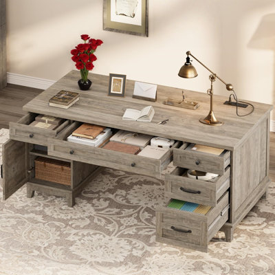 Executive Desk with Power Outlet, Home Office Desk with Drawers, Wooden Work Desk with File Cabinet, Computer Desk for Work, Study, Writing