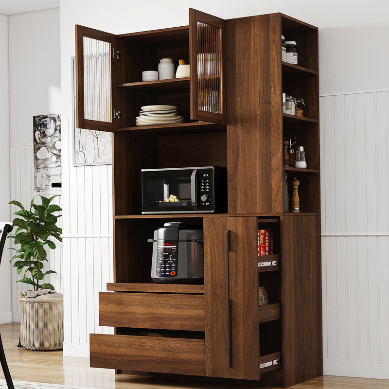 Armoire de cuisine avec étagère de rangement à plusieurs niveaux, 2 tiroirs et porte vitrée