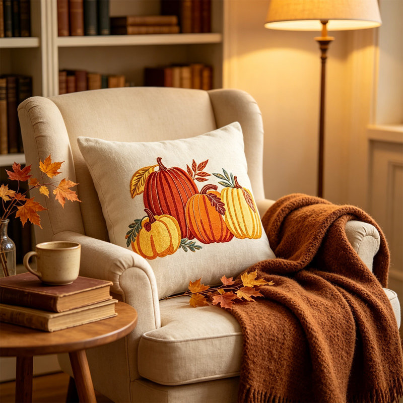 Décoration d'automne : Housse de coussin décorative en polyester brodée de citrouilles, idéale pour canapé, salon, chambre à coucher, etc. Décoration intérieure pour Thanksgiving.