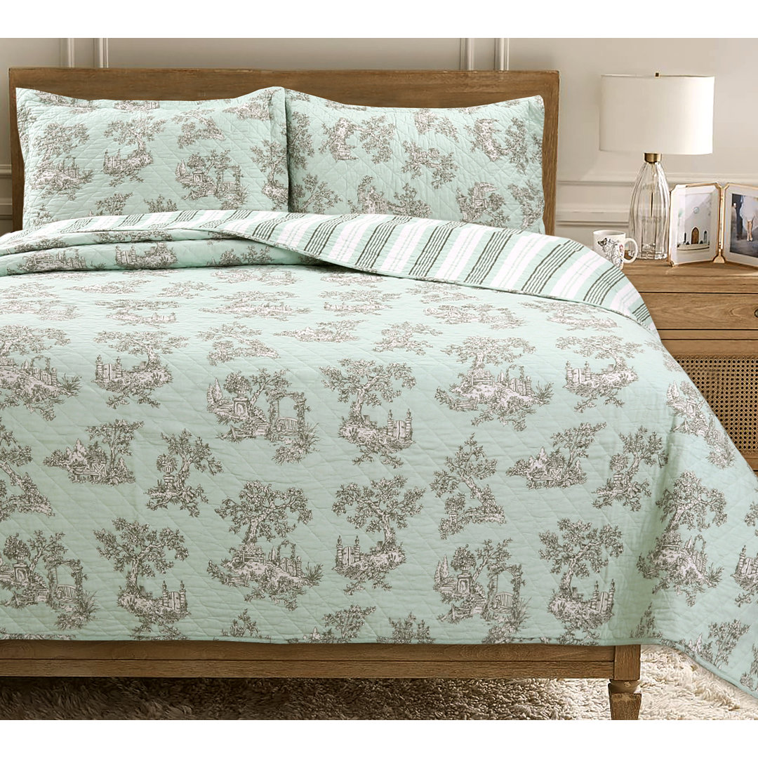 Vintage Cottage Garden Toile Mint Green Mint Green Standard Cotton 180 TC Reversible 3 Piece Quilt Set Cozy Line Home Fashion 