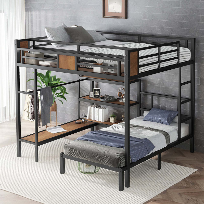 Lit superposé avec espace de rangement sur le lit supérieur, lit inférieur avec cintres et tablettes, peu encombrant / réduit le bruit