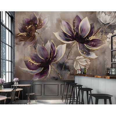 Peel and Stick Wallpaper Elegant Dark Purple White Floral Arrangement Gold Accents Artistic Wall Murals 69"H x 96"W Removable PVC Wall Paper Self-Adhesive Wall Decor for Bedroom Living Room Home Office