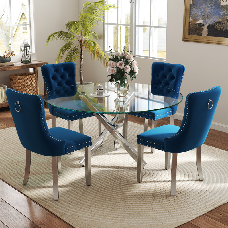 Ensemble de table de salle à manger 5 pièces, H 29,5 po x L 47 po x l 47 po, Bleu / Argent, Argent