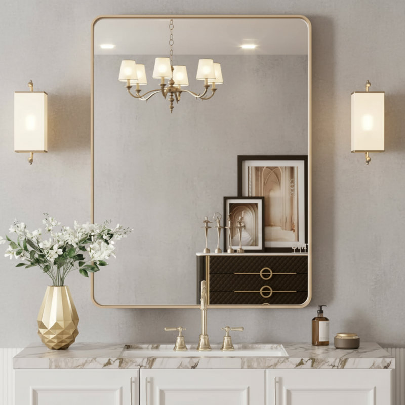 Miroir de salle de bain rond arrondi en or brossé, résistant à la rouille et durable, à fixer au mur (horizontal et vertical).