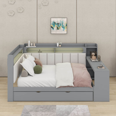 Modern Full Size Daybed With Storage Shelves And Trundle,USB Ports And LED Light,Desk