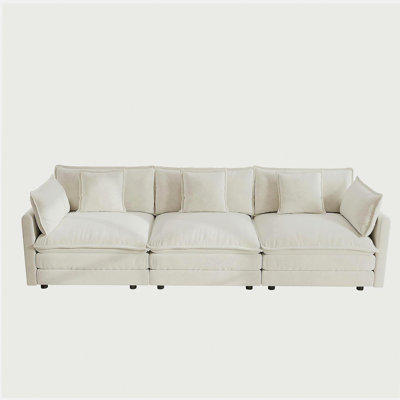 Canapé 3 places Mid-Century moderne avec 2 accoudoirs et 3 coussins décoratifs, canapé pour le salon Chenille blanc
