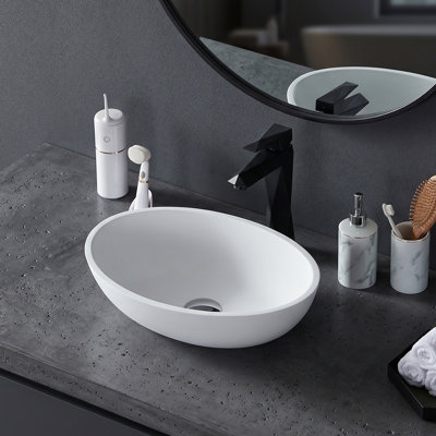 Oval Solid Surface Vessel Sink 20" Above-Counter Matte White Bathroom Sink