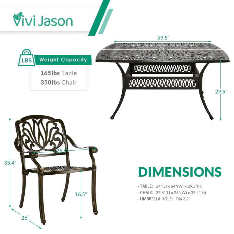 Bloomsbury Market 9-piece Outdoor Furniture Dining Set For 8, All-weather Cast Aluminum Patio Table And Chairs Set With 8 Chairs, 63.98" Large Square Dining Table And 2.2" Umbrella Hole For Patio Deck Garden