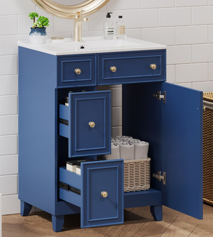 Meuble-lavabo simple 24 po avec plateau en céramique Menifee, Bleu