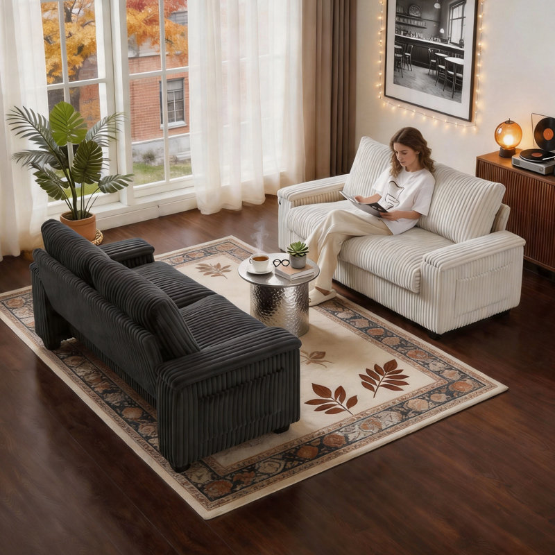 71" Corduroy Upholstered Sofa, 2 Seater Couches Small Loveseat With Storage Pockets,  Storage Armrest And USB Charging Port