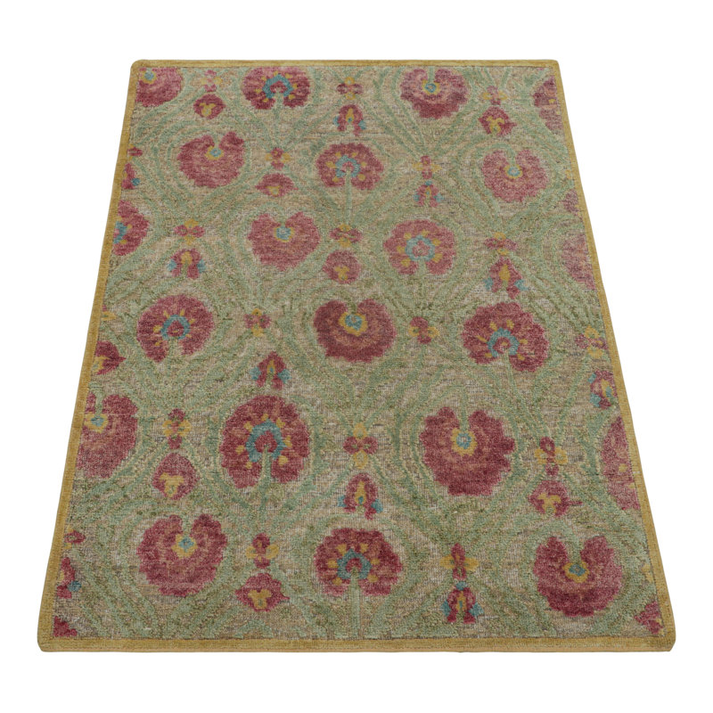 Rug & Kilim’S Block Print Rug With Red And Green Floral Patterns, Rectangle 4' x 6'