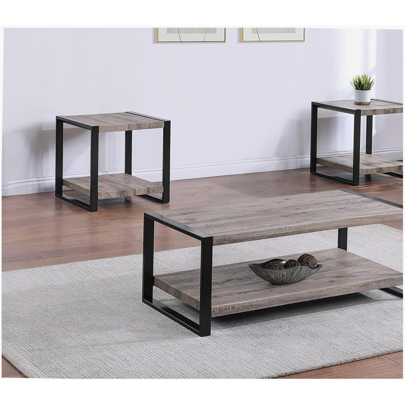 Ensemble de cocktail contemporain 3 pièces, 1 table basse rectangulaire et 2 tables de bout carrées, brun rustique, noir, salon, meubles en bois