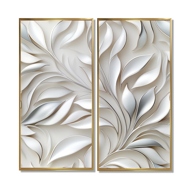 Abstrait argent et motif de fleurs blanches - Art mural sur toile blanche, H 40 po x l 40 po, Impression encadrée flottante