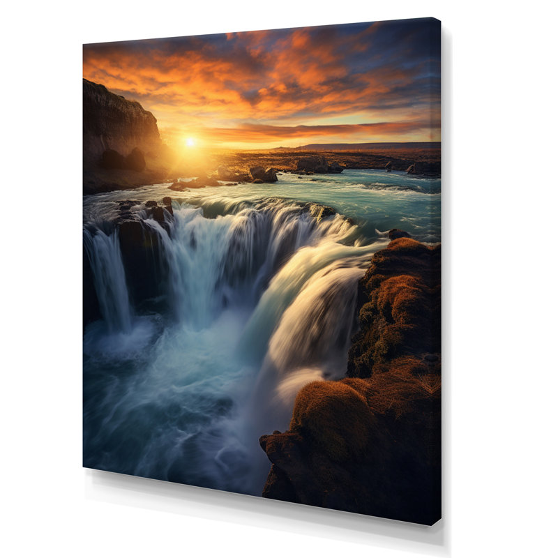 «Summery Sunset Over Majestic Waterfalls I», reproduction d'art sur toile, H 20 po x l 12 po x P 1 po, Toile tendue