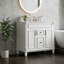 Meuble-lavabo autoportant blanc avec lavabo, deux portes et deux tiroirs, conception à fermeture en douceur.