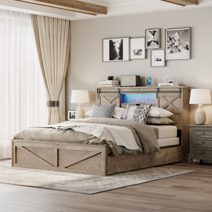 Farmhouse Bed Frame Queen Size With LED Lights And Charging Station, Wooden Queen Bed With 2 Storage Drawers, Rustic Headboard With Sliding Barn Door Storage Cabinets (Bed)