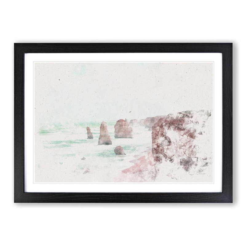 The Twelve Apostles Cliffs in Australia Watercolour - Picture Frame Graphic Art Print, 36cm H x 48cm W x 2cm D, Black Framed