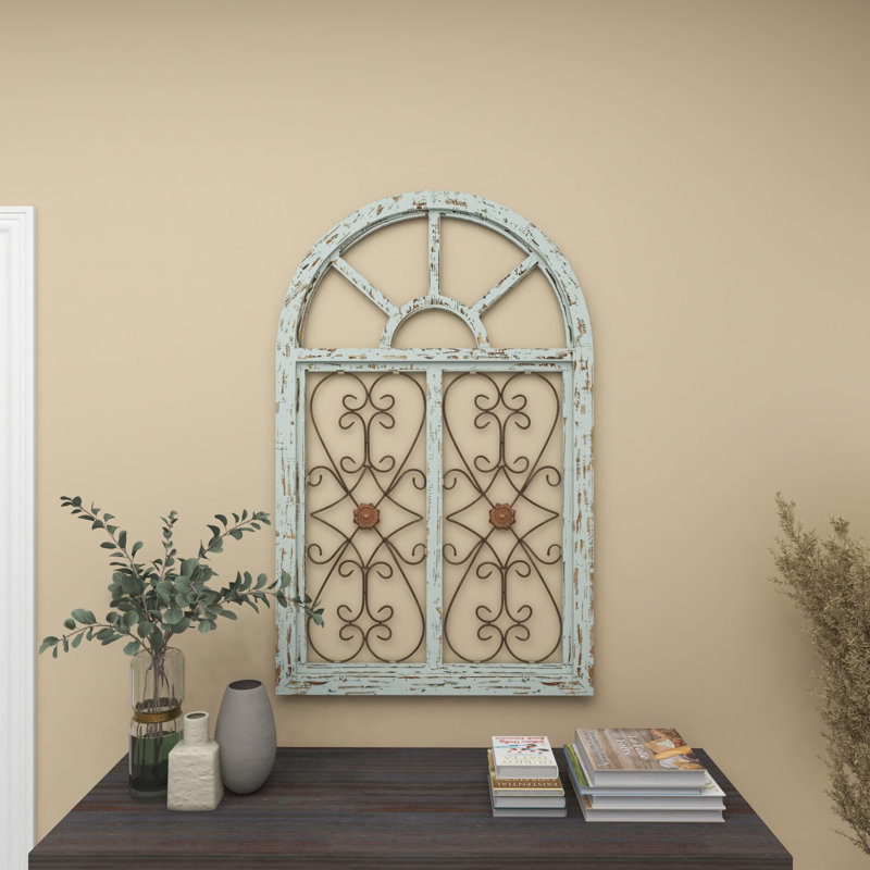 Wood Arched Window Inspired Scroll Light Blue Wall Decor with Metal Scrollwork Relief