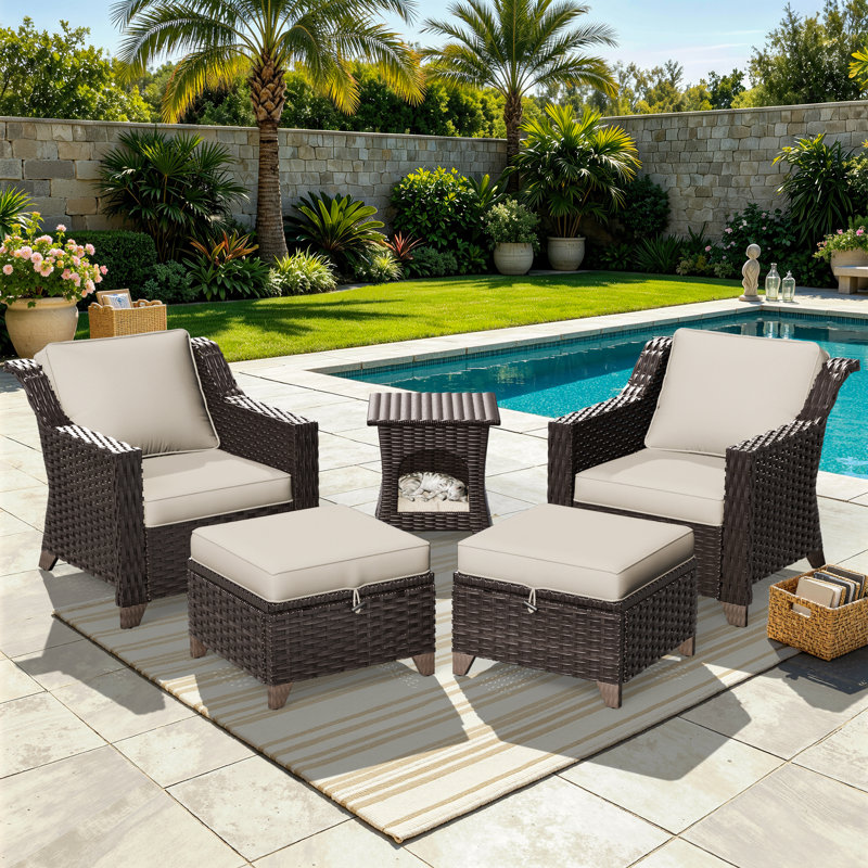 3-Piece Patio Wicker Conversation Set with Storage Ottomans, Outdoor Furniture with Thick Cushions & Side Table, Weather Resistant for Backyard, Porch & Poolside