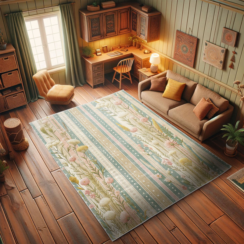 Cadet Blue and Blush Floral Synthetic Area Rug, 2'5" x 5'