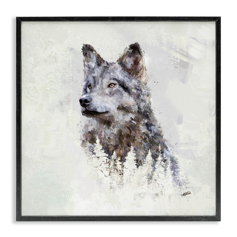 Art rustique loup et arbres par Sally Kaye Barlow / Makaio Design, Giclée encadrée noir minuit, H 12 po x l 12 po