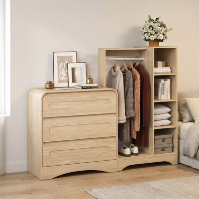 3 Drawer Dresser With Hanging Rack，Modern Chest With Clothes Rack For Bedroom, Natural Oak