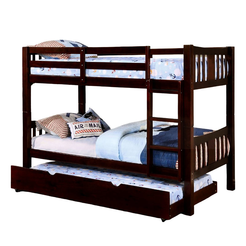 Lit superposé simple en noyer foncé de style transitionnel, bois massif, attaché, 13 lattes, rails avec structure de joint verrouillable, lit gigogne non offert, vibration, finition, PC Insert et joint, disponibles