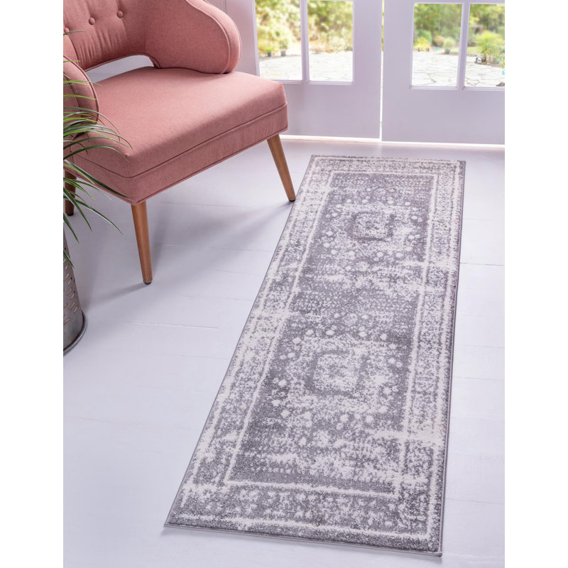 Tapis gris de style oriental Walmoor, Tapis de couloir 2 pi x 6 pi 1 po