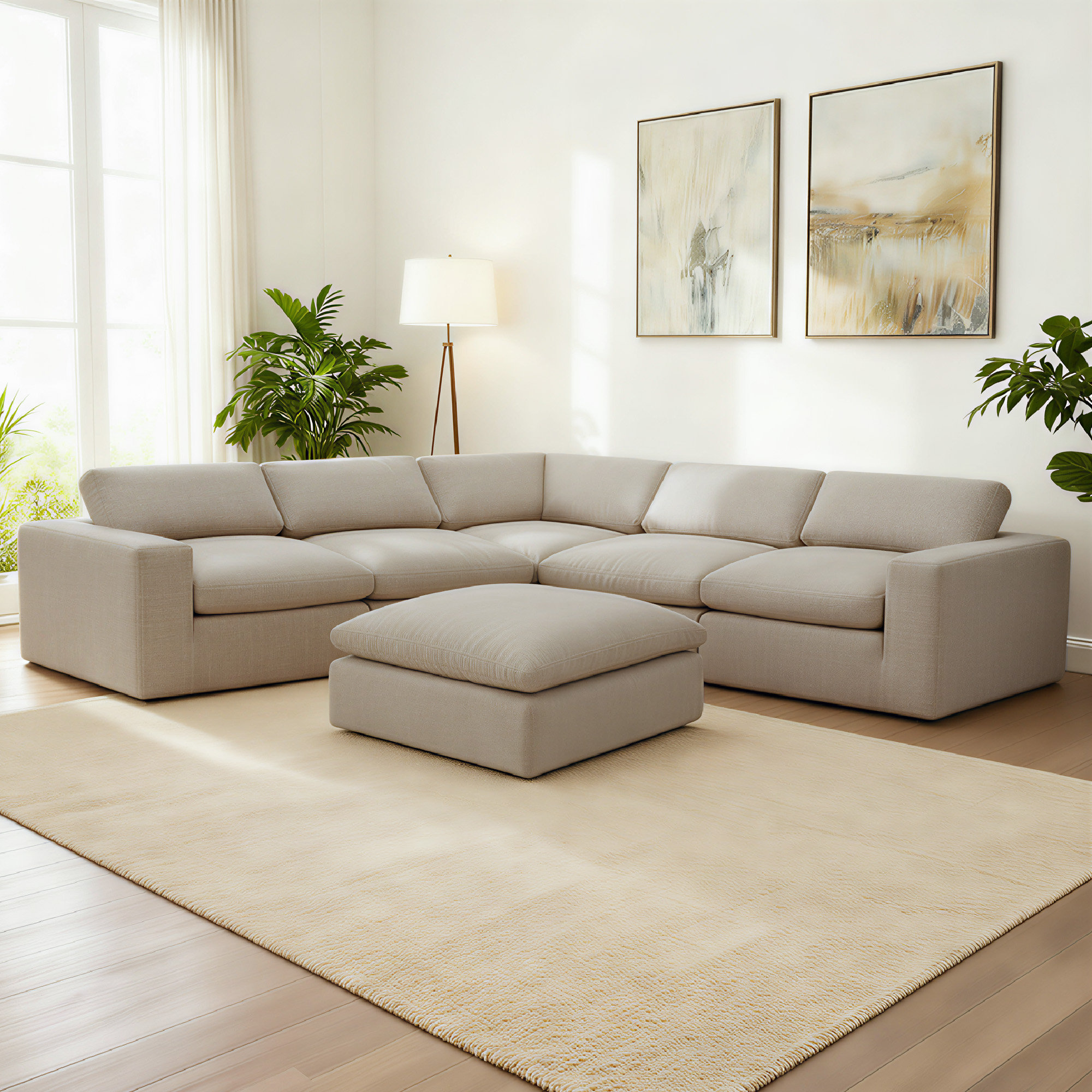 Asher 6 - Piece Upholstered Modular Sectional, Beige Polyester