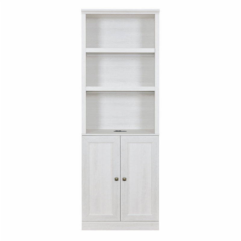 Bookshelf with USB Port and 3 Open Shelves, Rustic White