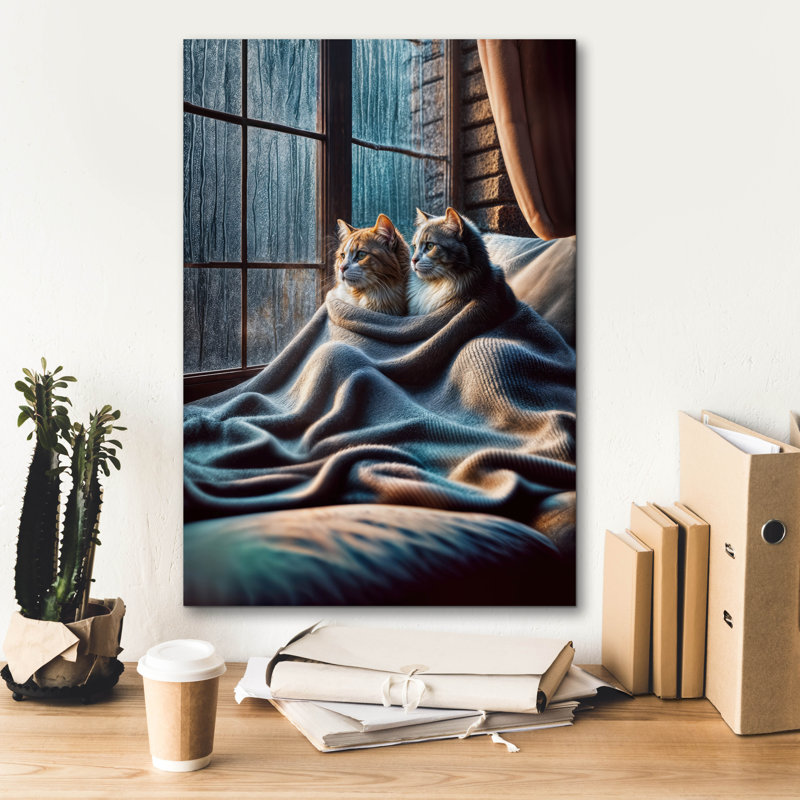 «Deux chats partageant une couverture» par Rey Klimt, art mural, H 26 po x l 18 po