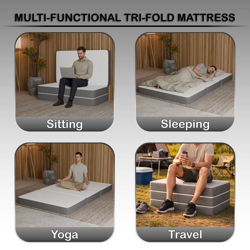 Cabrera Portable Tri-Folding Capability Gel Memory Foam Mattress, Removable and Washable, Queen, 4"