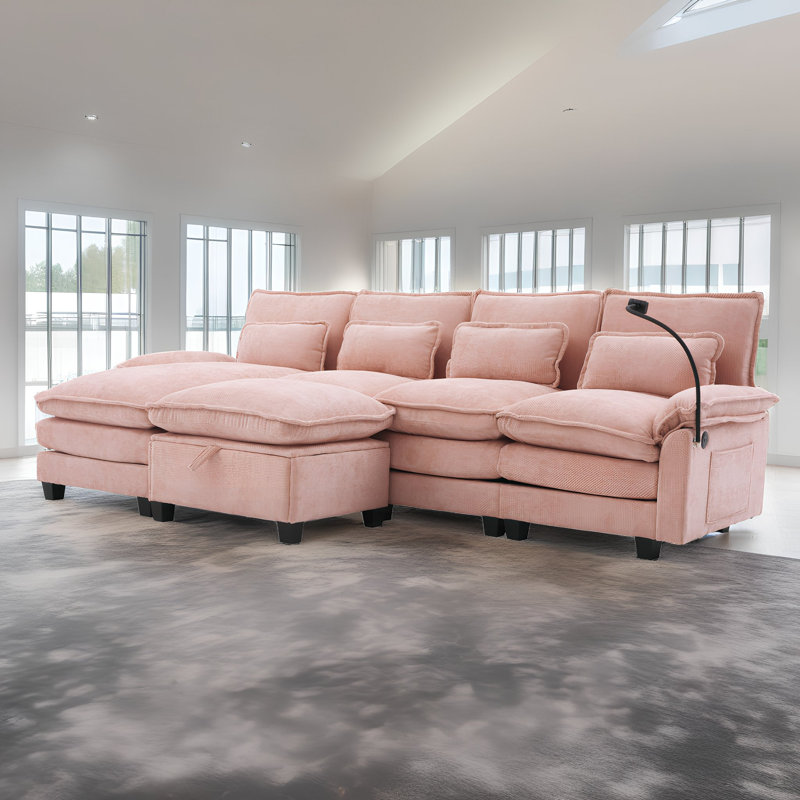 106" U Shaped Sectional Sofa Set with Storage Ottoman & USB Ports, Modular Cloud Couch with Chaise Lounge & Pillows, Pink