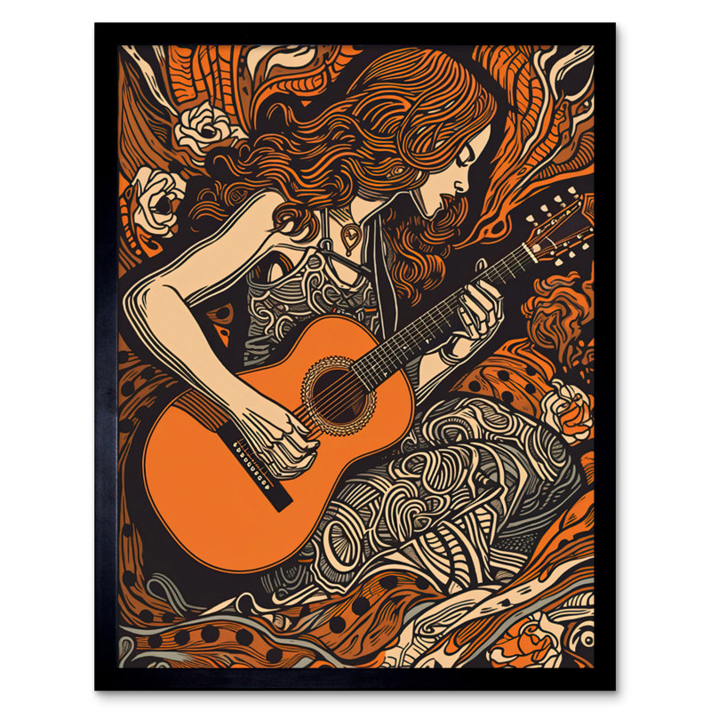 Dalaman Woman Playing Guitar Music In Rose Flower Field - Single Picture Frame Print