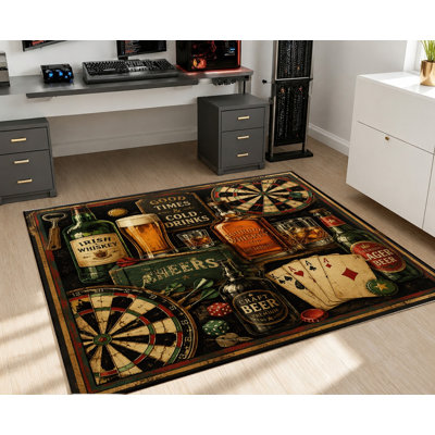 Bar Game Themed Washable Area Rug, Velvet Surface, Soft Non‑Slip Floor Carpet, Modern Indoor Home Decor for Living Room, Bedroom, Entryway, Study, Office, Balcony, Apartment