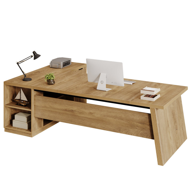77.9 Inch L-Shaped Executive Office Desk With File Drawers And Cabinet For Home Office, Light Brown