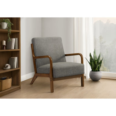 34" H Mid-Century Modern Upholstered Accent Chair, Dark Grey Fabric with Brown Walnut Solid Wood Legs for Living Room Bedroom