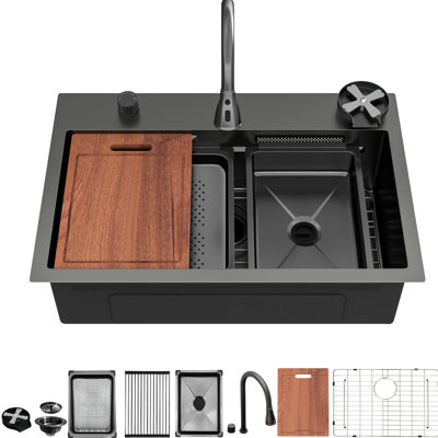 Évier de cuisine en acier inoxydable à simple cuve de calibre 16 de 31,5 po x 21 9,4 po de style Gunmetal avec robinet cascade vers le bas et robinet Nano Coating T304 avec 3 niveaux d'eau, rebord à deux niveaux