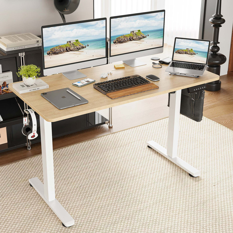 Bureau debout à hauteur ajustable Radke, Naturel / Blanc, L 55,12 po x P 23,62 po