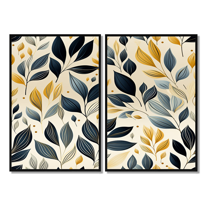 Motif moderne de feuilles - art mural bohémien et éclectique bleu, Noir, H 36 po x l 48 po, Impression encadrée flottante