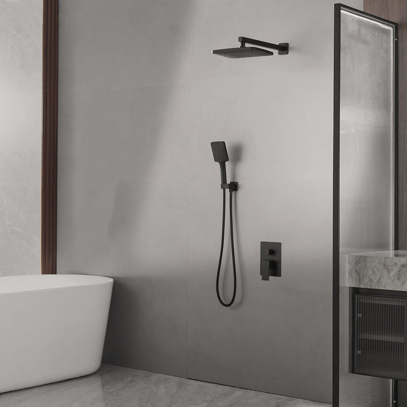 Matte Black Single-Handle Three-Spray Rain Shower Square Shower Head High-Pressure Shower Faucet (With Valve), Matte Black 