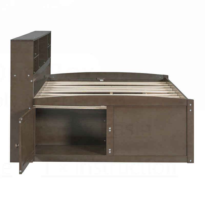 Lit de jour en bois avec 2 armoires de chevet, tablettes supérieures et 4 tiroirs pour un espace maximisé et un design élégant