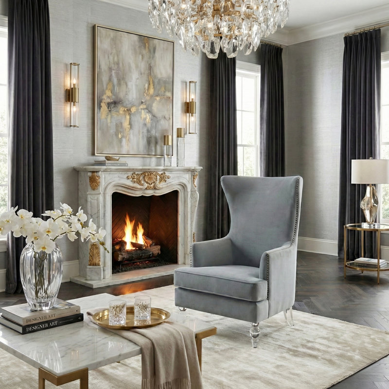 Bree 73.914Cm Wide Velvet Wingback Chair, Light Silver Velvet